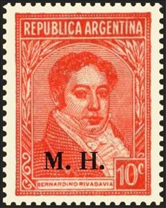 Stamp, Bernardino Rivadavia (1780-1845), ovpt. "M.H.", Argentina,  , Famous People, Politicians