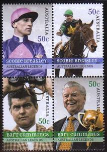 Se-tenant, Breasley &amp; Cummings block of 4, Australia,  , Horses, Sports