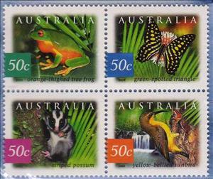 Se-tenant, Block Of 4, Australia,  , Animals (Fauna), Birds, Butterflies, Frogs, Insects, Mammals