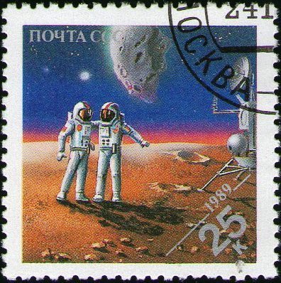 Soviet cosmonaut and American astronaut on Mars