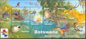 Souvenir Sheet, Okavango Delta, Botswana,  , Animals (Fauna), Birds, Fishes, Hippopotamuses, Mammals, Plants (Flora)