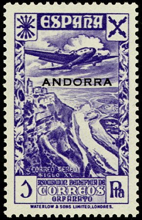 Stamp, Sellos beneficos de España. "Historia del Correo", Andorra, Spanish Administration,  , Aircraft, Landscapes