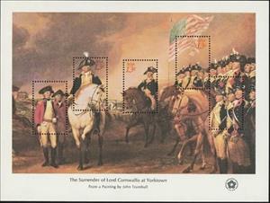 Souvenir Sheet, Surrender of Cornwallis at Yorktown, by John Trumbull, United States of America,  , Art, Flags, Headgear, Horses, Paintings, Uniforms