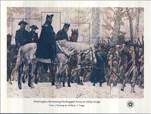 Souvenir Sheet, Washington Reviewing His Army at Valley Forge, by Trego, United States of America,  , Animals (Fauna), Art, Equestrianism and horse riding, Horses, Mammals, Military Forces, Paintings, Uniforms