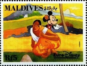 Stamp, Minnie standing behind polynesian woman, Maldives,  , Disney