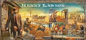 Souvenir Sheet, Henry Lawson, Australia,  , Authors, Dogs, Famous People, Headgear, Horses, Literary People (Poets and Writers), Literature, Men