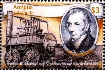 Stamp, Locomotion No. 1, Georgge Steĺhenson, Antigua and Barbuda,  , Locomotives, Railways, Steam Traction