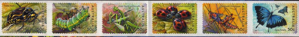 Se-tenant, Strip Of 6 Self Adhesives, Australia,  , Butterflies, Insects
