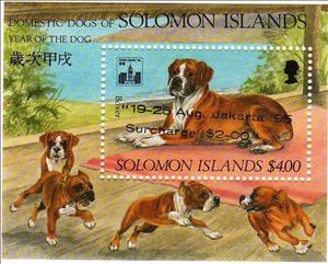 Souvenir Sheet, minisheet Jarkarta overprint, Solomon Islands,  , Animals (Fauna), Dogs, Mammals