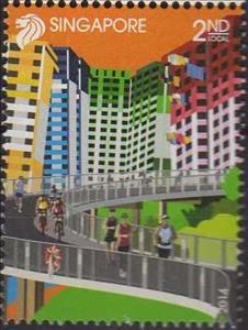 Stamp, City scape, Singapore,  , Buildings, Cycling
