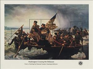 Souvenir Sheet, Washington Crossing the Delaware, by Leutze & E. Johnson, United States of America,  , Art, Flags, Headgear, Horses, Paintings, Uniforms
