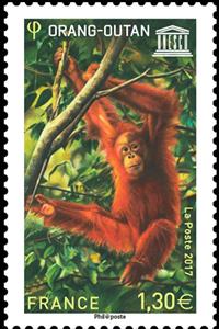 Stamp, Orang Utan, France,  , Animals (Fauna), Apes, Mammals, UNESCO World Heritage Sites
