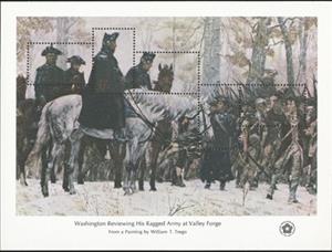 Souvenir Sheet, Washington Reviewing His Army at Valley Forge, by Trego, United States of America,  , Animals (Fauna), Art, Equestrianism and horse riding, Horses, Mammals, Military Forces, Paintings, Uniforms