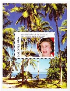 Souvenir Sheet, Queen, palm trees, Maldives,  