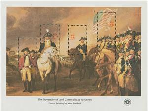 Souvenir Sheet, Surrender of Cornwallis at Yorktown, by John Trumbull, United States of America,  , Art, Flags, Headgear, Horses, Paintings, Uniforms