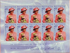 Mini Sheet, 75th Birthday Sheetlet, Australia,  , Famous People, Headgear, Heads of State, Queens, Royalty, Women