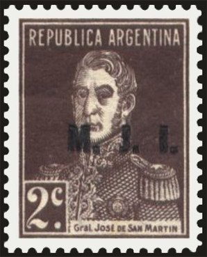 Stamp, José Francisco de San Martín (1778-1850), ovpt. "M.J.I.", Argentina,  , Famous People, Freedom Fighters, Generals, Heroes, Men, Revolutions