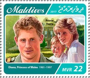 Stamp, Princess Diana with Prince Harry, Maldives,  , Princes, Princesses