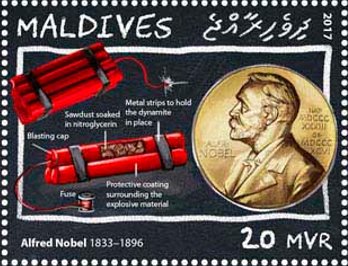 Stamp, Alfred Nobel (1833–1896), medal, Maldives,  