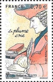 Voltaire writing with a goose feather