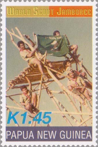 Scouts on wooden platform with banner