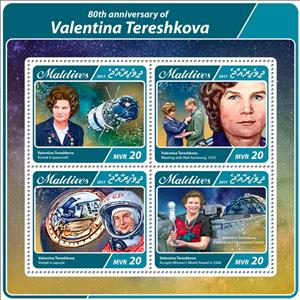 Mini Sheet, 80th anniversary of Valentina Tereshkova, Maldives,  , Space Traveling