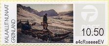 Stamp, Hunters with dog sleds, mountain landscape, Greenland,  , Dogs, Landscapes, Mountains