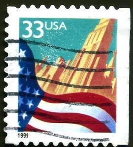 Stamp, Flag over City, United States of America,  