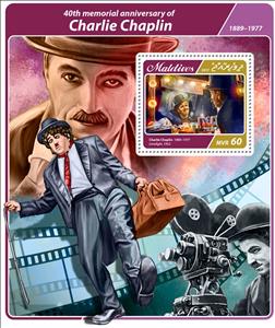 Souvenir Sheet, 40th memorial anniversary of Charlie Chaplin (1889-1977), Maldives,  , Actors