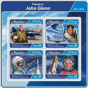 Mini Sheet, Tribute to John Glenn (1921-2016), Maldives,  , Aircraft, Astronauts