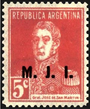 Stamp, José Francisco de San Martín (1778-1850), ovpt. "M.J.I.", Argentina,  , Famous People, Freedom Fighters, Generals, Heroes, Men, Revolutions