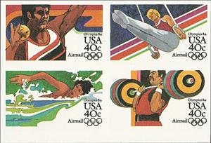 Se-tenant, LA Summer Olympics, United States of America,  , Gymnastics, Olympic Games, Shot-put, Sports, Swimming, Weightlifting