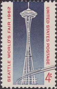 Stamp, Space Needle and Monorail, United States of America,  , Architecture, Public Transport, World Exhibitions, Transport