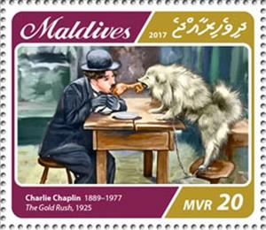 Stamp, Charlie Chaplin in "The Gold Rush", 1925, Maldives,  , Actors
