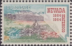Stamp, Centennial Nevada Statehood, Virginia City and Map of Nevada, United States of America,  