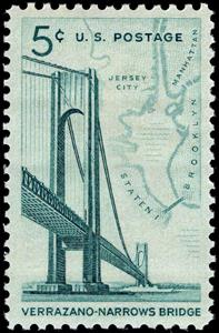 Stamp, Verrazano-Narrows Bridge and Map of New York Bay, United States of America,  