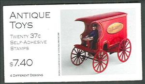 Booklet, Antique Toys 37c Vending Booklet, United States of America,  , Cars, Fire-brigade, Railways, Toys