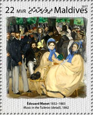 Stamp, "Music in the Tuileries" (detail, 1862), Maldives,  , Painters, Paintings