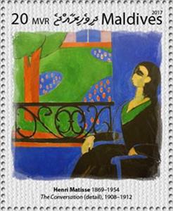 Stamp, "The Conversation" (detail, 1908-12), Maldives,  , Painters, Paintings