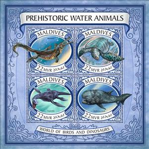 Mini Sheet, Prehistoric water animals, Maldives,  , Animals (Fauna), Dinosaurs, Fishes, Prehistorical Animals, Reptiles, Sea Life