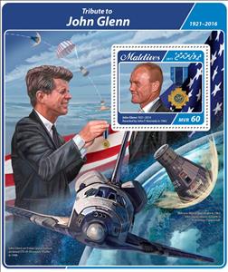 Souvenir Sheet, Tribute to John Glenn (1921-2016), Maldives,  , Aircraft, Astronauts