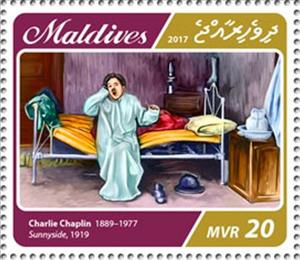 Stamp, Charlie Chaplin in "Sunnyside", 1919, Maldives,  , Actors
