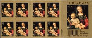 Booklet Pane, Christmas, Madonna of the Carnation, B. Luini, United States of America,  , Art, Christmas, Paintings, Religion