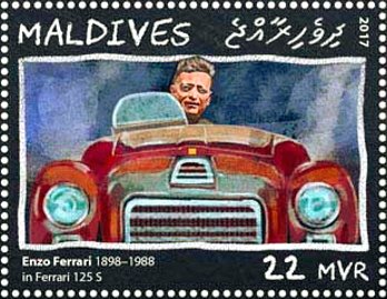 Stamp, Enzo Ferrari in Ferrari 125 S, Maldives,  