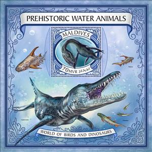 Souvenir Sheet, Prehistoric water animals, Maldives,  , Animals (Fauna), Dinosaurs, Fishes, Prehistorical Animals, Reptiles, Sea Life