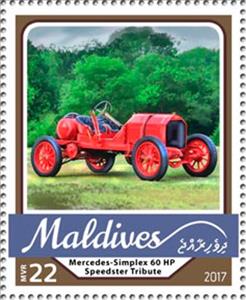 Stamp, Mercedes-Simplex 60 HP Speedster Tribute, Maldives,  