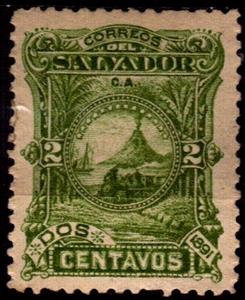Stamp, Locomotive and volcan, El Salvador,  , Locomotives, Volcanos