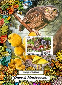 Souvenir Sheet, Wildlife of the World: Owls & Mushrooms, Maldives,  , Animals (Fauna), Birds, Birds of Prey, Mushrooms, Owls