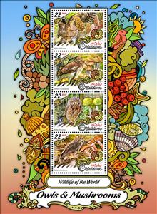 Mini Sheet, Wildlife of the World: Owls & Mushrooms, Maldives,  , Animals (Fauna), Birds, Birds of Prey, Mushrooms, Owls