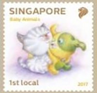 Stamp, Baby Kitten & Bird, Singapore,  , Birds, Cats